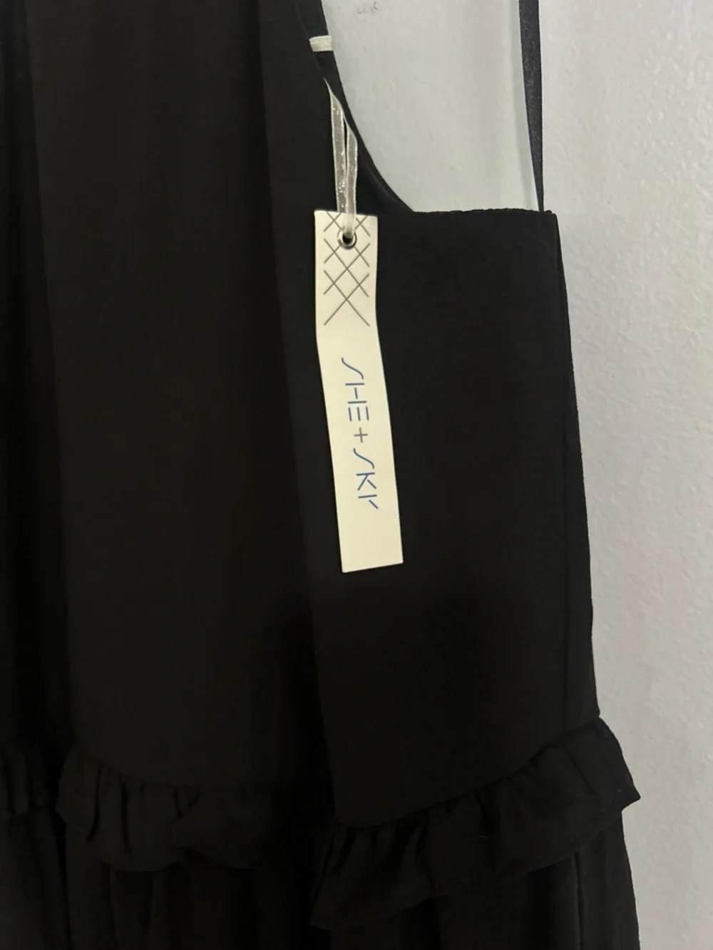 SHE + SKY Black Tiered Ruffle Midi Dress S Boho Minimalist Chic NWT Capsule